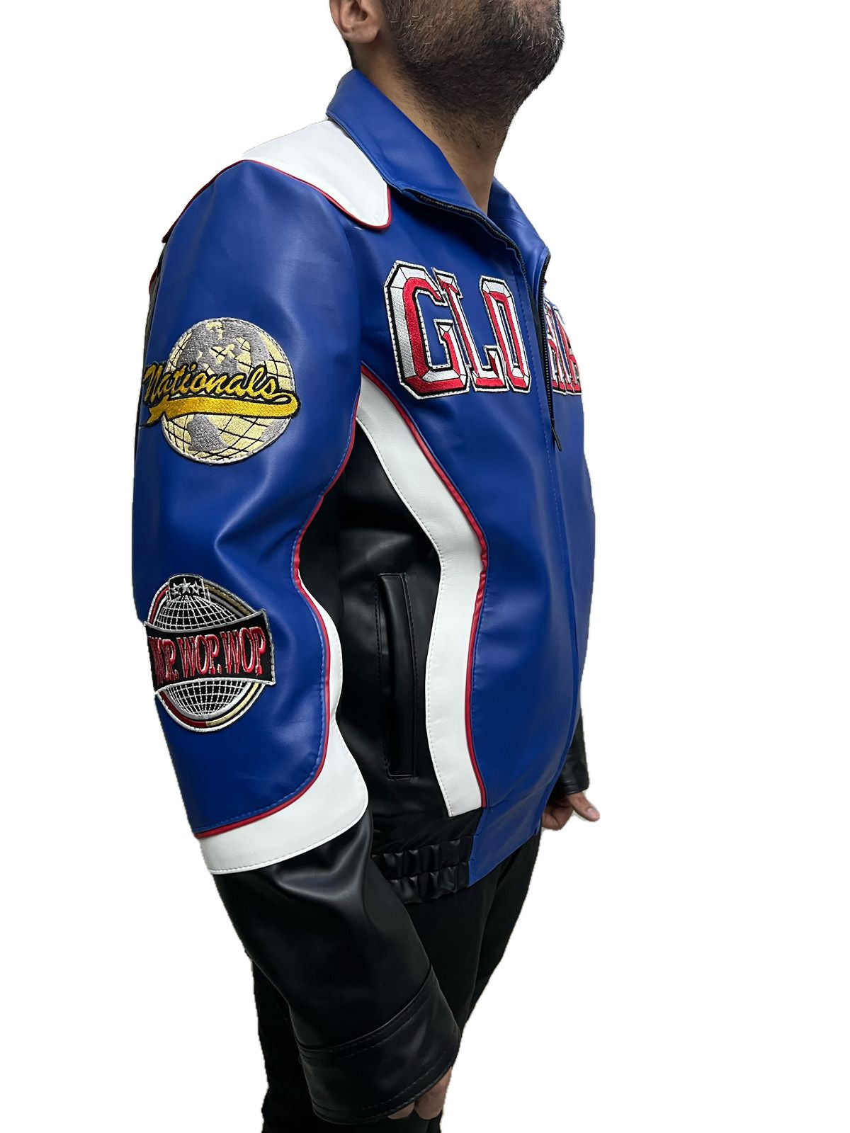 Kendrick Lamar PG Lang Gloria Super Bowl blue bomber jacket close-up sleeves