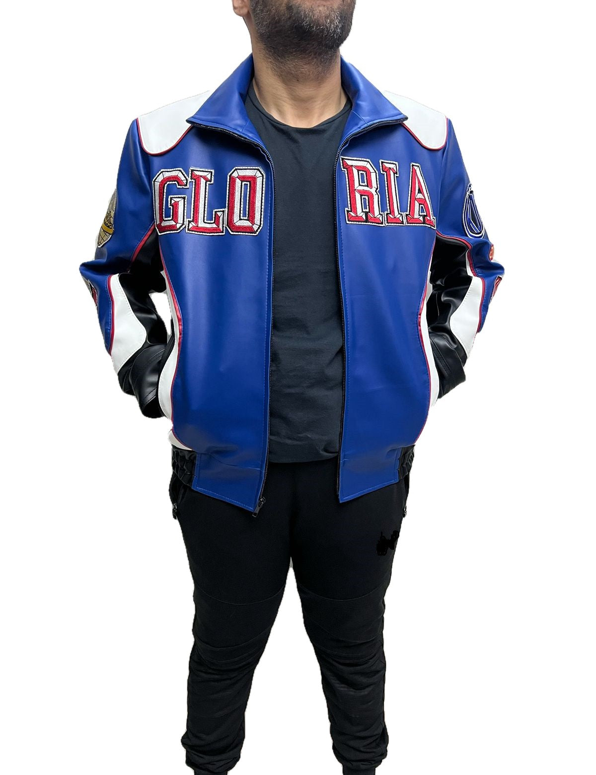 Gloria Super Bowl bomber jacket inspired by Kendrick Lamar – blue and white leather