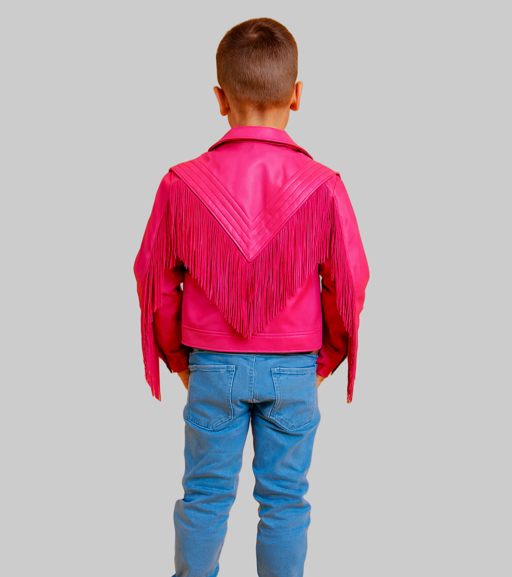 Back side of Kids Minecraft Jason Momoa Garett The Garbage Man Garrison real leather jacket with stylish pink fringe design