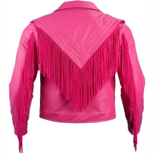 Child modeling the back design of Kids Jason Momoa Garett Garrison pink leather jacket with fringe biker style