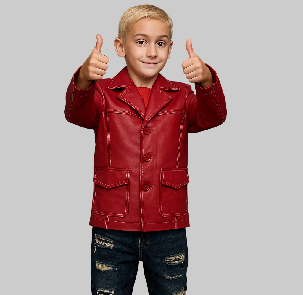 Kids Fight Club Tyler Durden Unisex Real Leather Jacket front view – premium red leather with button closure and lapel collar