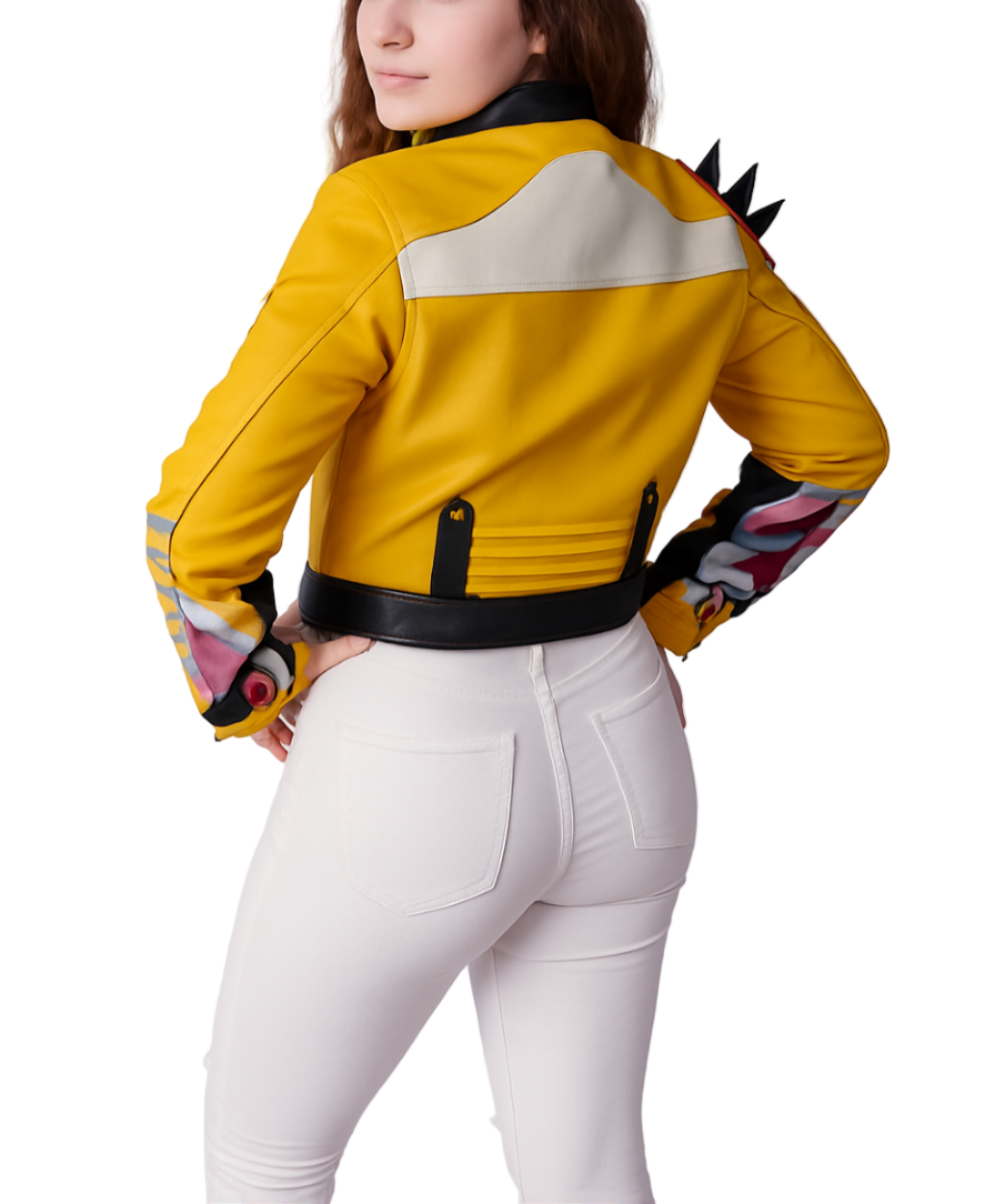Back view of Kpop Demon Hunter Rumi Biker Style Women Real Leather Jacket in yellow with spiked shoulder and graphic sleeves.