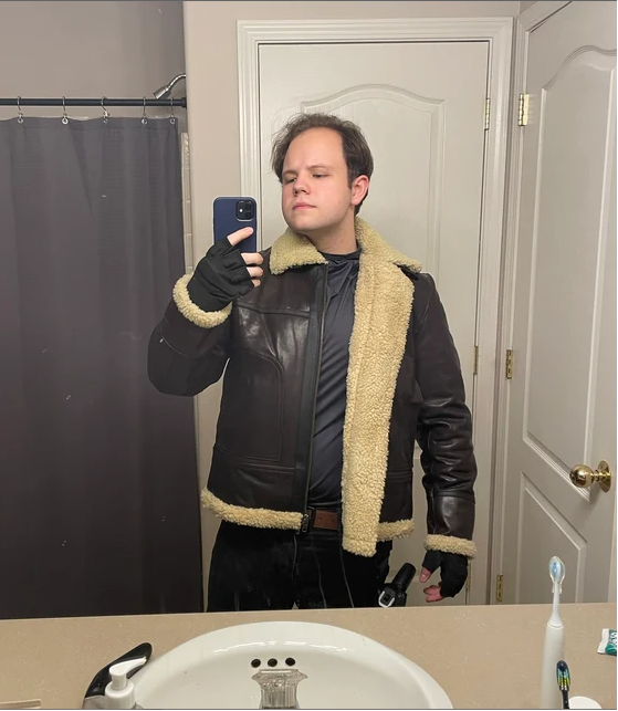 Resident Evil 4 Leon Kennedy B3 aviator bomber real leather jacket worn by customer in mirror selfie