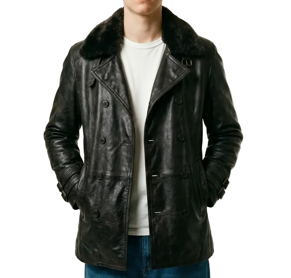 Leon S Kennedy Resident Evil 9 Requiem black real leather coat style jacket front view with fur collar