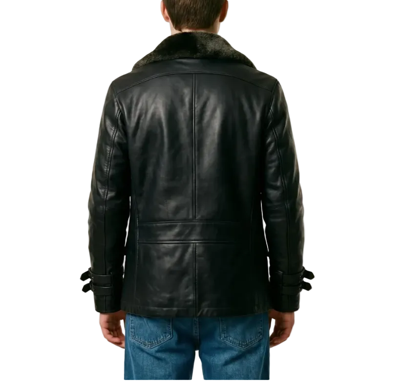 Back view of Resident Evil 9 Requiem Leon S Kennedy black real leather coat jacket