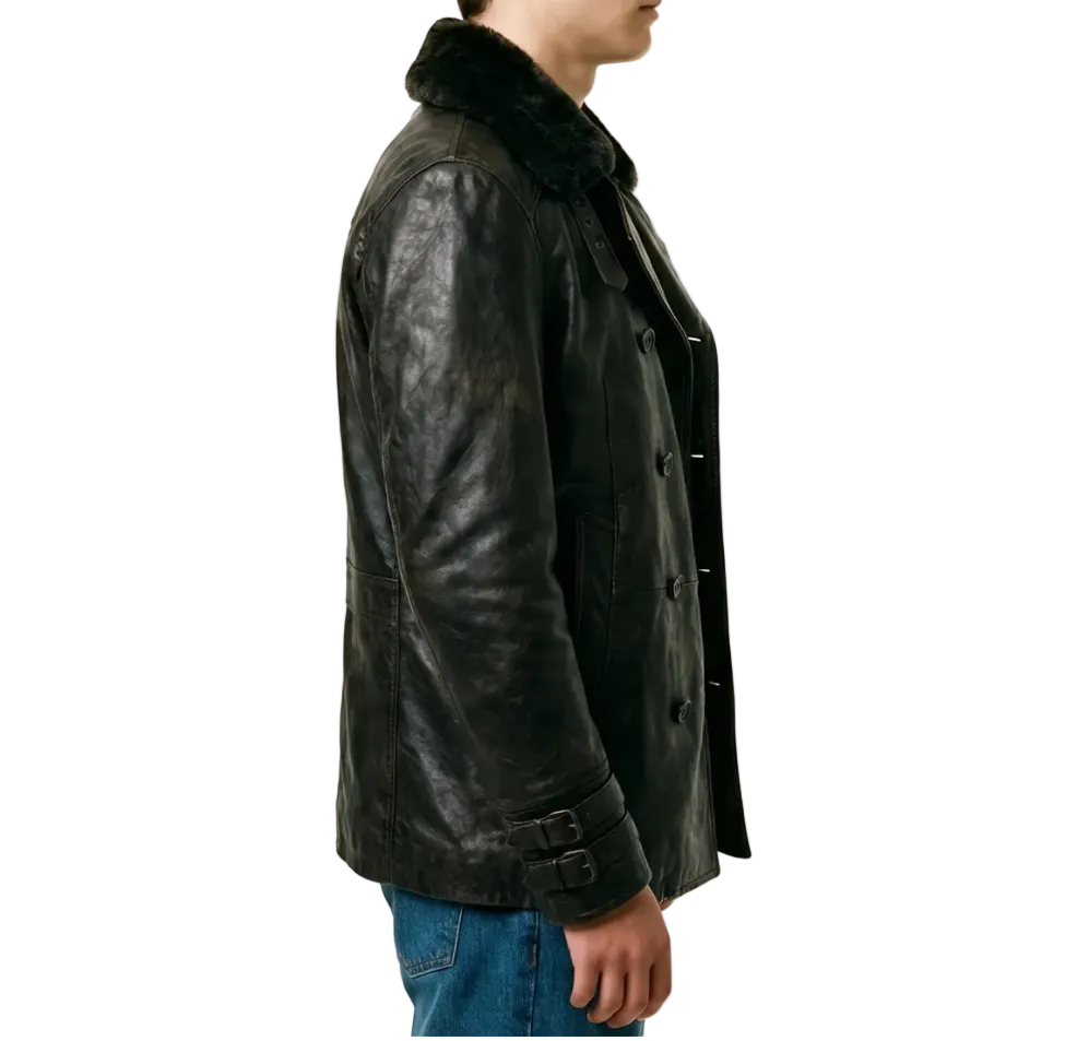 Side profile of Leon S Kennedy inspired Resident Evil 9 Requiem black leather jacket coat design