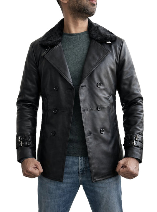 Leon S Kennedy Resident Evil 9 Requiem double breasted black leather jacket styled casual with jeans front pose