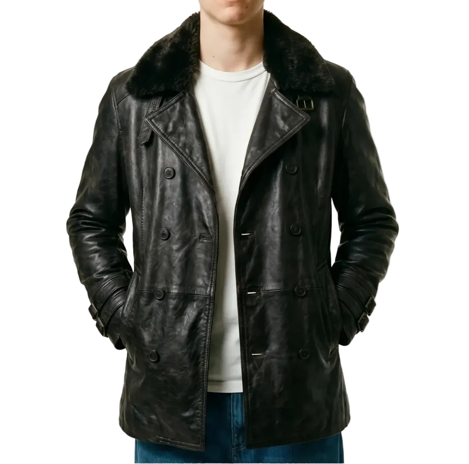Leon S Kennedy Resident Evil 9 Requiem double breasted black leather jacket styled casual with jeans front pose