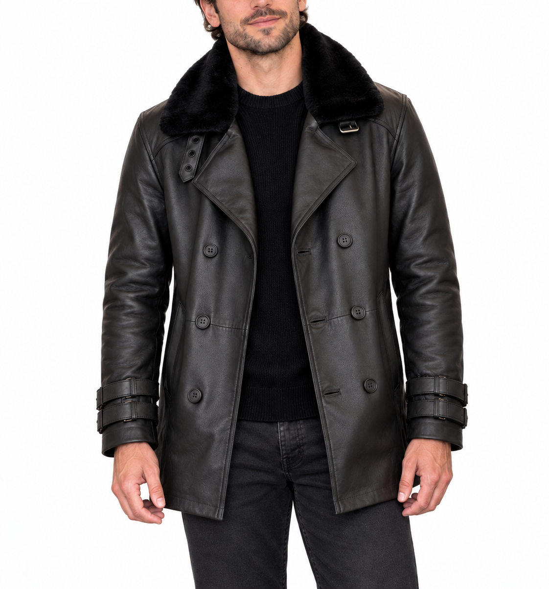 Leon Kennedy Resident Evil Requiem RE 9 real leather jacket in black with faux fur collar, double-breasted buttons and dual buckle cuffs
