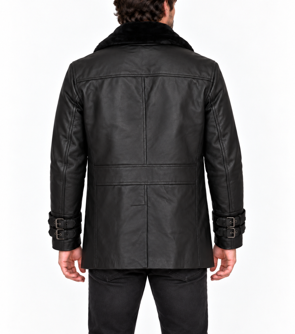 Back view of Leon Kennedy Resident Evil Requiem RE 9 black real leather jacket with fur collar, structured back panels and double buckle cuffs