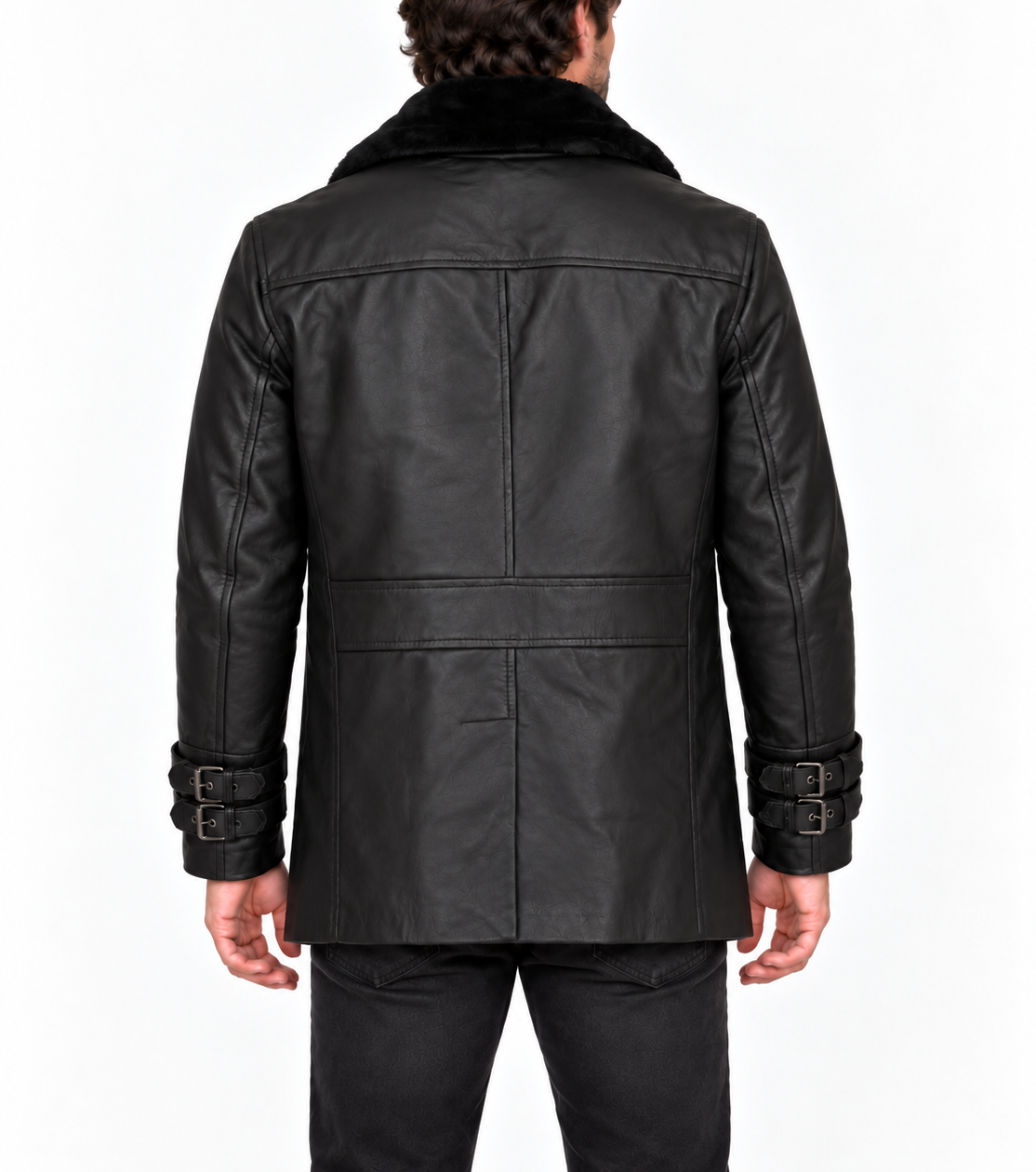 Back view of Leon Kennedy Resident Evil Requiem RE 9 black real leather jacket with fur collar, structured back panels and double buckle cuffs