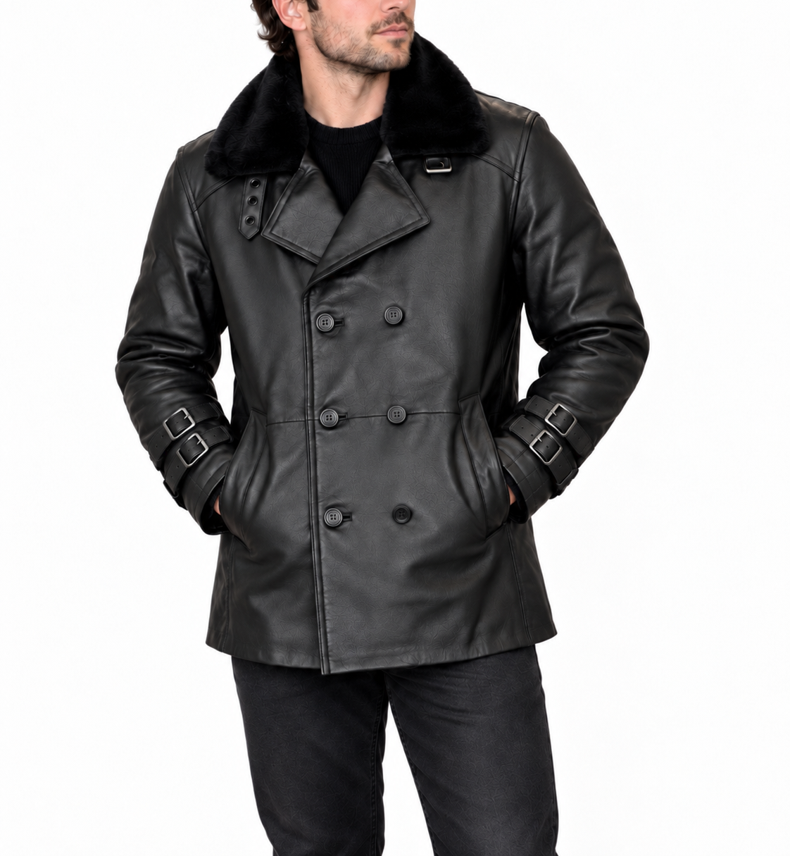 Leon Kennedy RE 9 leather jacket inspired by Resident Evil Requiem featuring black leather, fur collar, button front and buckle cuff details