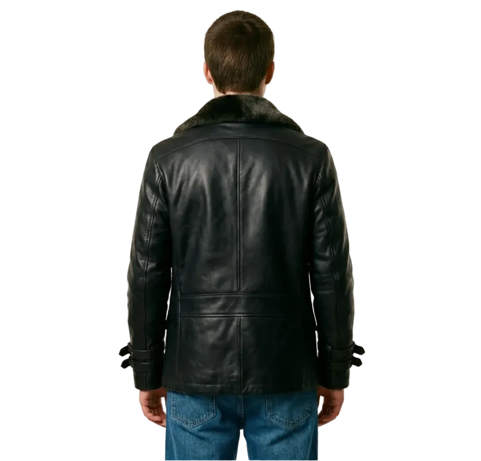 Back view of Leon S Kennedy Resident Evil 9 Requiem black real leather coat with tailored fit and smooth finish