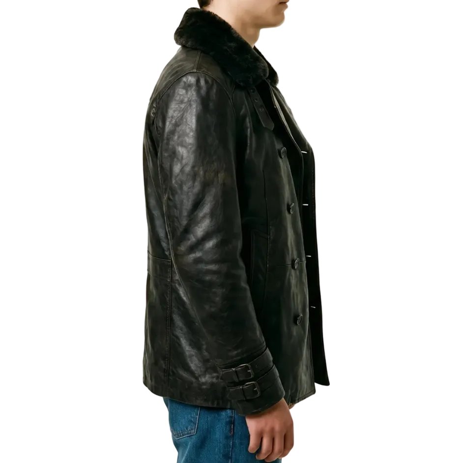 Side view of Leon S Kennedy RE9 Requiem black leather coat highlighting pocket detail and premium leather texture