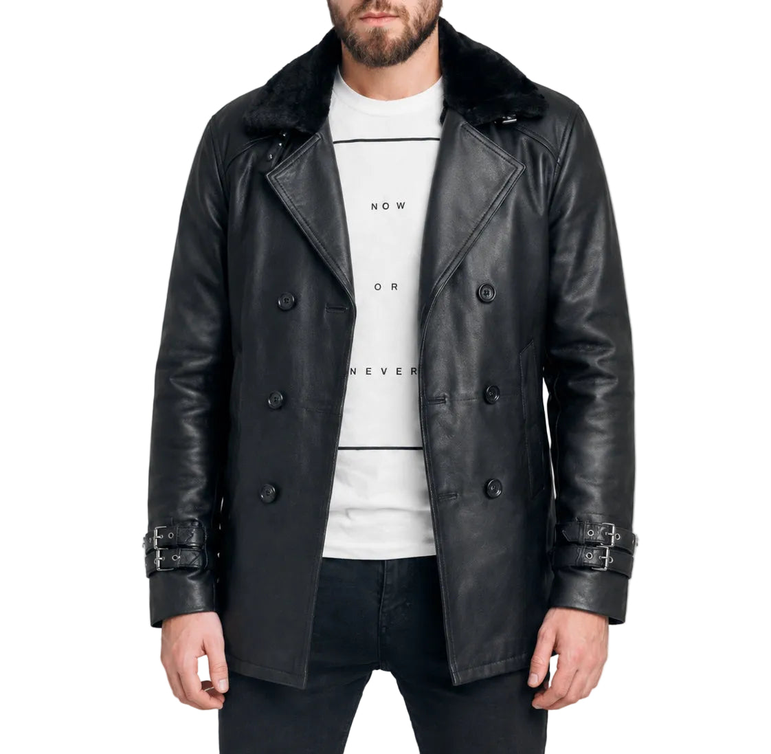 Leon Kennedy Resident Evil Requiem RE 9 real leather jacket front view featuring black leather, fur collar, double breasted buttons and buckle cuffs.