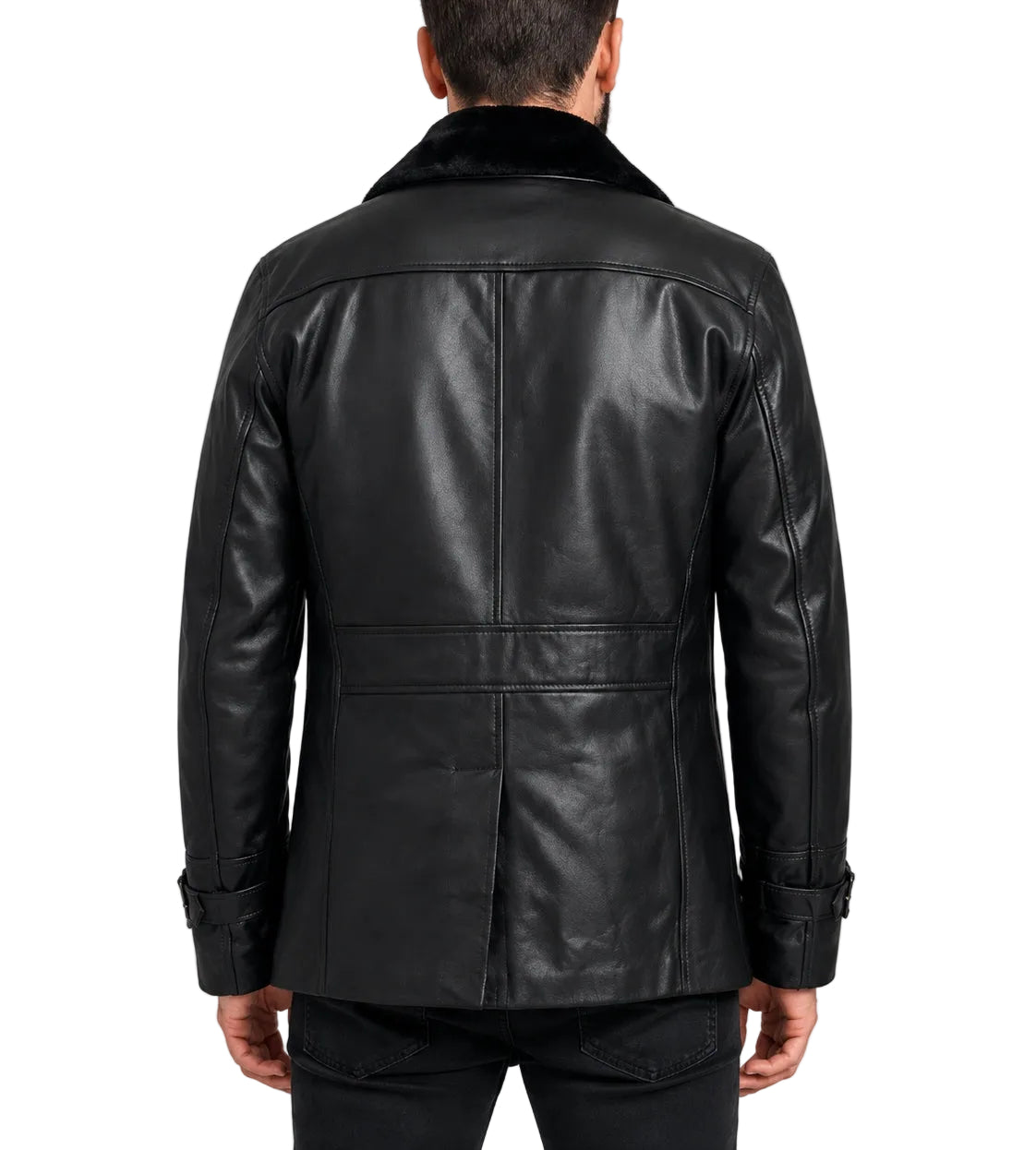 Back view of Leon Kennedy Resident Evil Requiem RE 9 black real leather jacket with fur collar, structured seams and tailored leather finish.