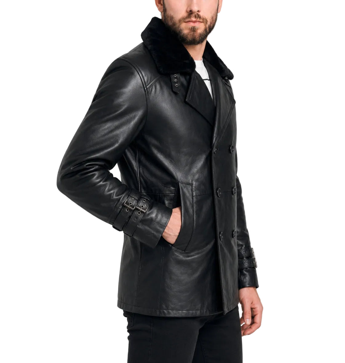 Side view of Leon Kennedy Resident Evil Requiem RE 9 real leather jacket showing black leather construction, fur collar, side pocket and buckle cuff details.