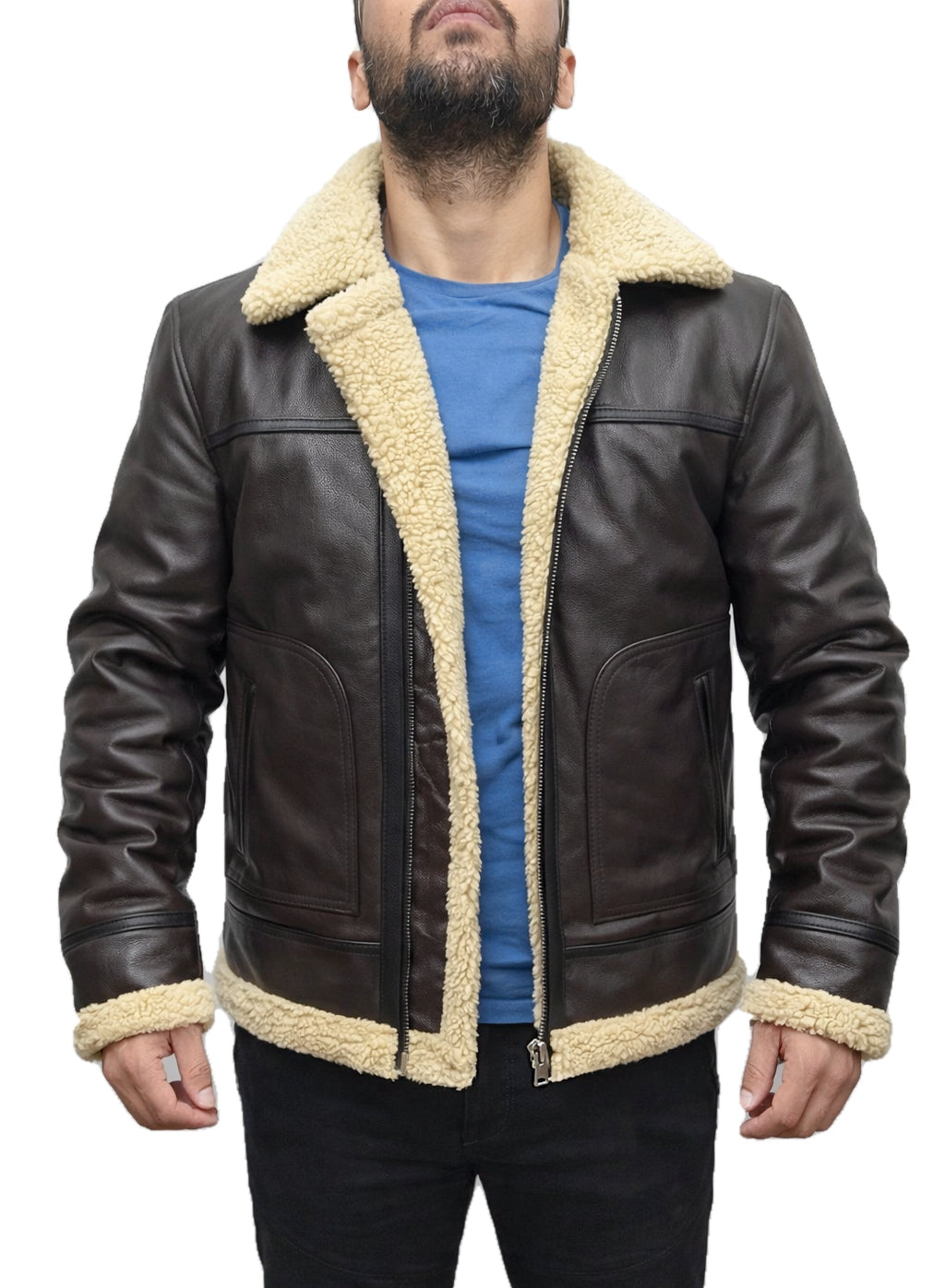Leon Kennedy Resident Evil 4 RE fur B3 aviator bomber jacket open front showing warm shearling lining and real leather exterior