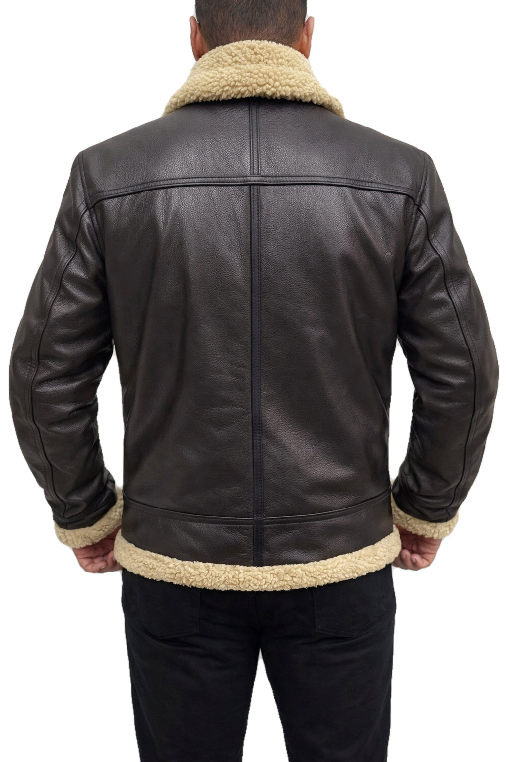 Back view of Leon Kennedy Resident Evil RE4 B3 aviator bomber jacket in premium brown leather with shearling fur lining