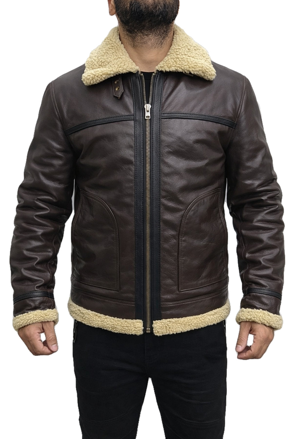 Leon Scott Kennedy Resident Evil 4 RE B3 aviator bomber leather jacket front view with fur collar and brown real leather finish