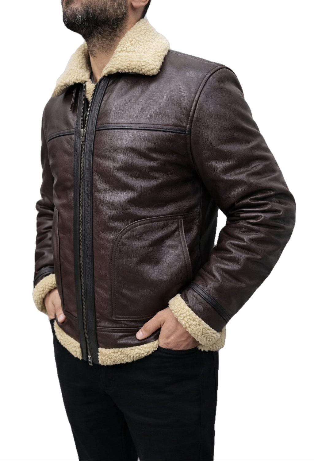 Side angle of Leon Scott Kennedy Resident Evil RE4 B3 bomber leather jacket with faux fur collar and classic aviator design