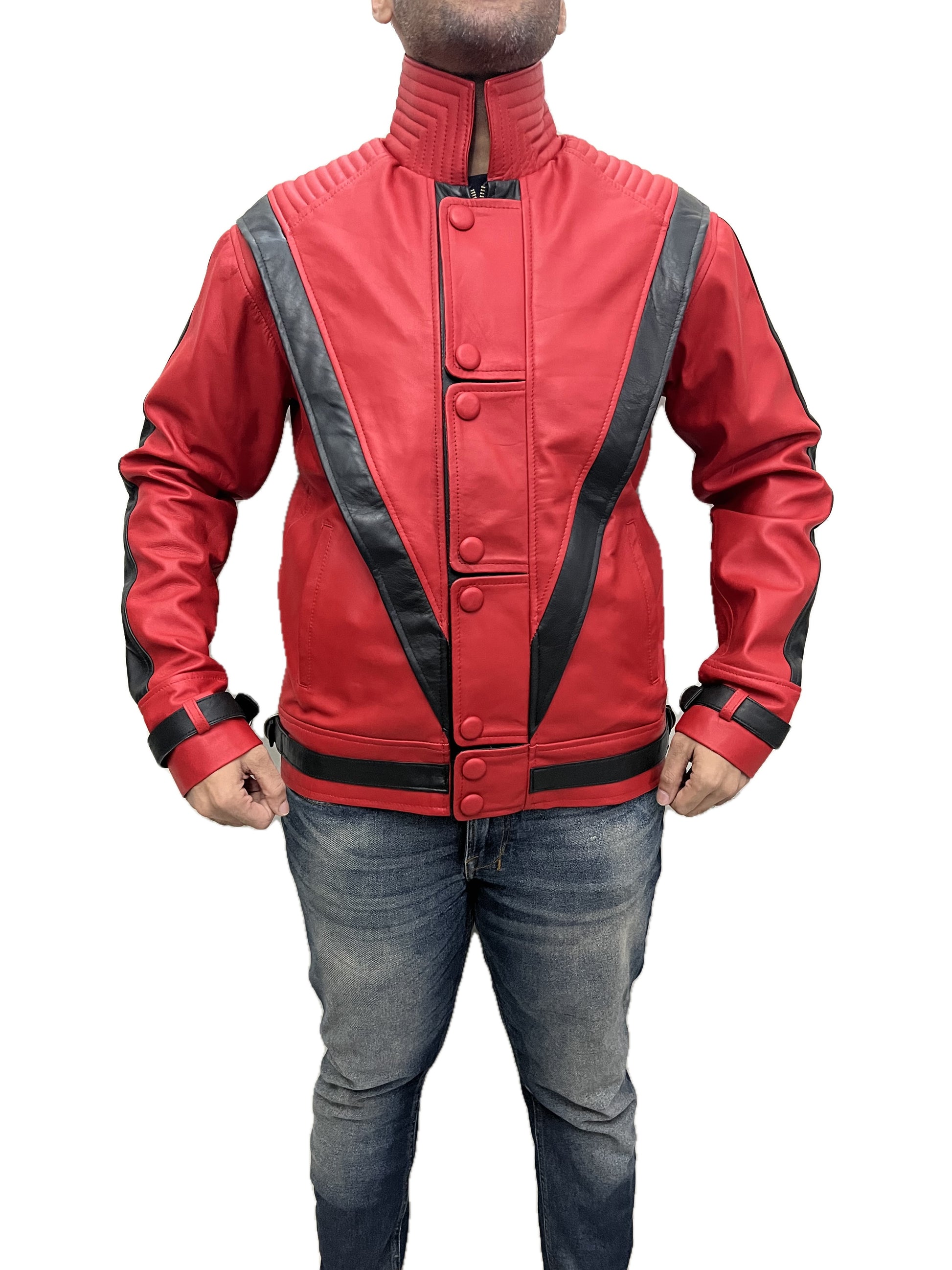 MJ Thriller Michael Jackson red leather jacket for men – front view with iconic black V stripes