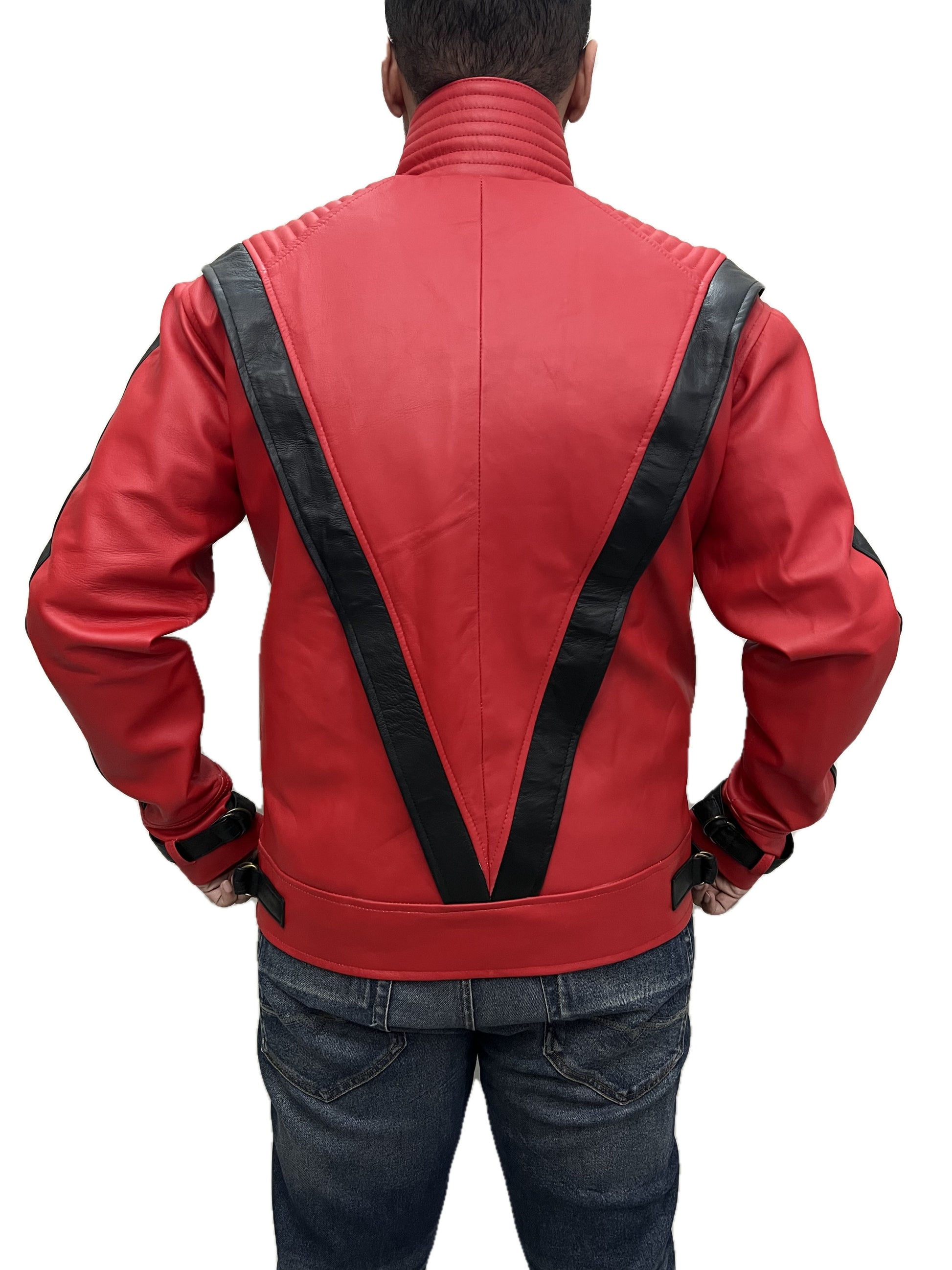 MJ Thriller Michael Jackson red real leather jacket – back view with classic black V panel design