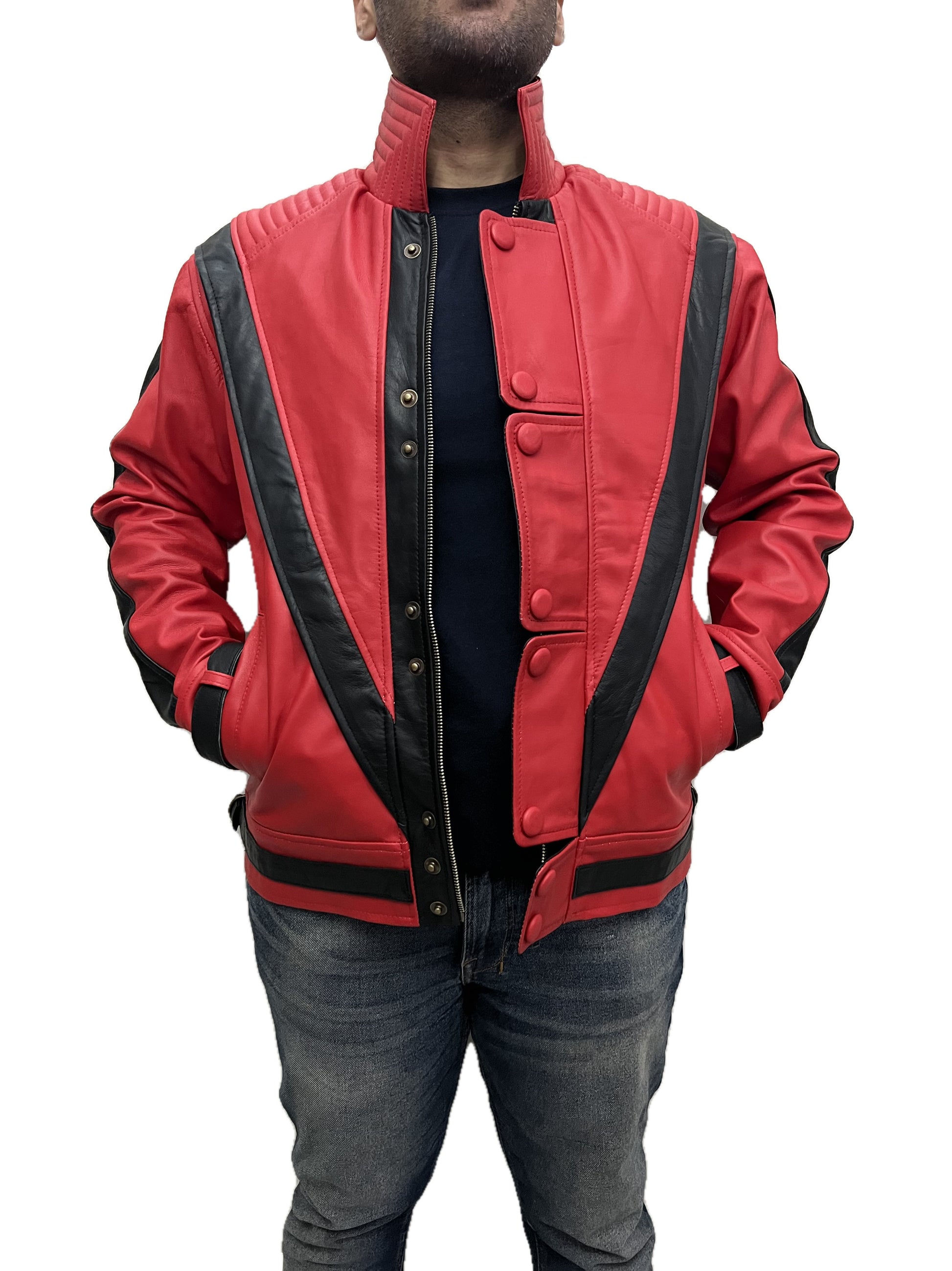 Michael Jackson Thriller red leather jacket opened from front showing inner zipper and button details