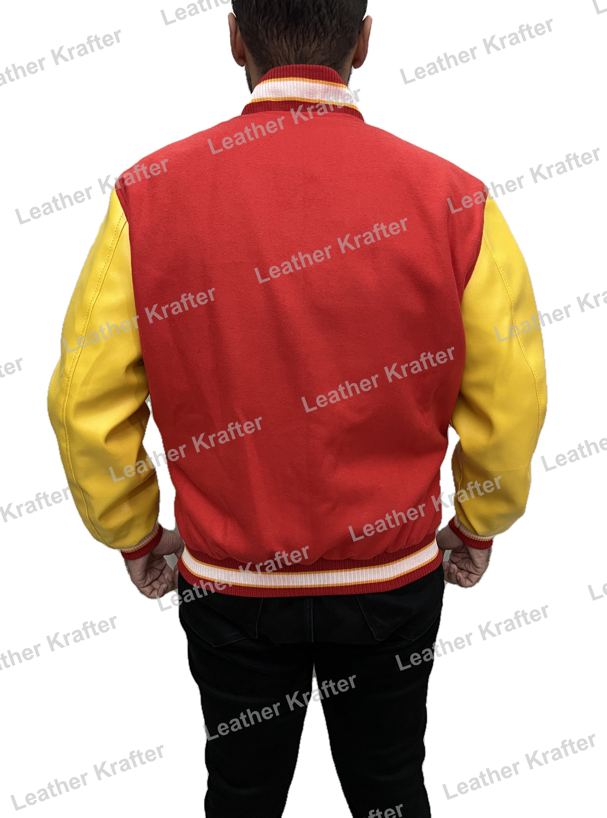 MJ thriller varsity jacket worn by a person on a white background with 'Leather Krafter' branding.