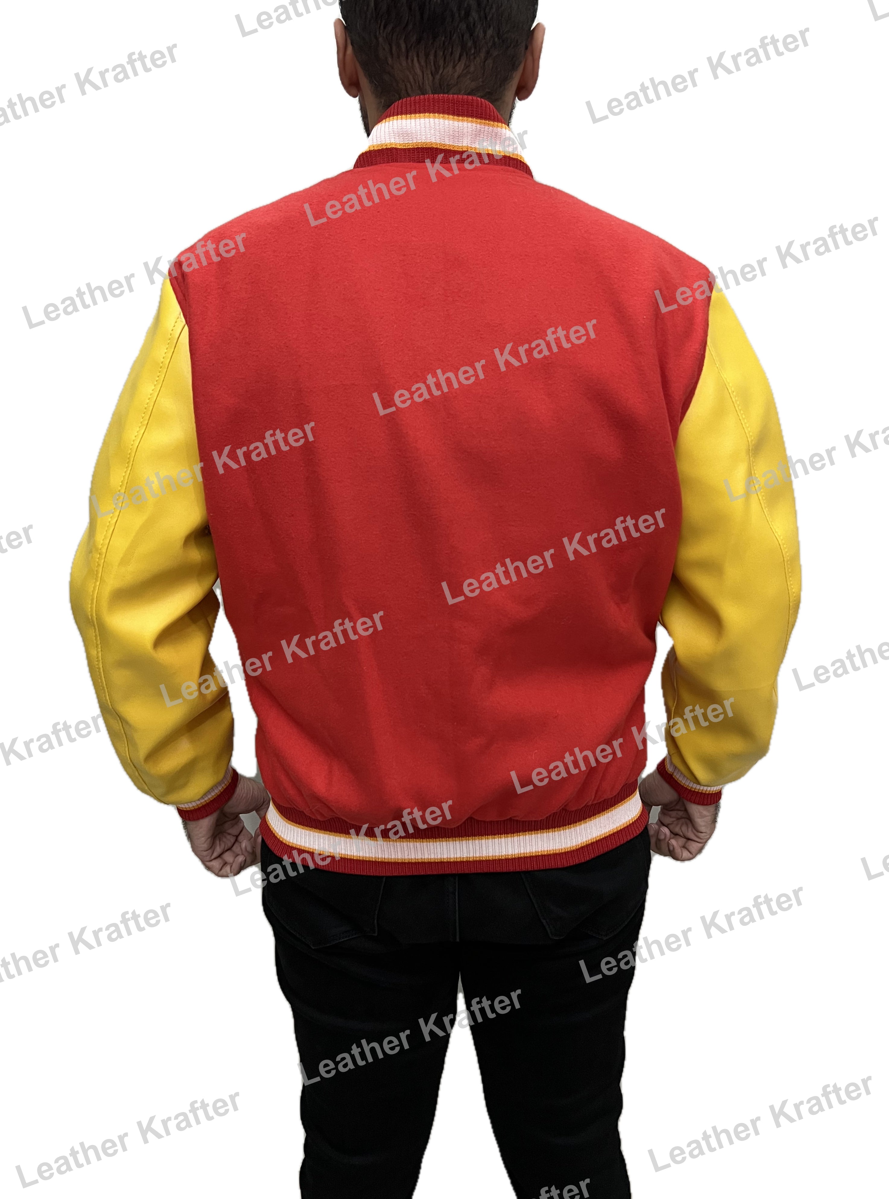 MJ thriller varsity jacket worn by a person on a white background with 'Leather Krafter' branding.
