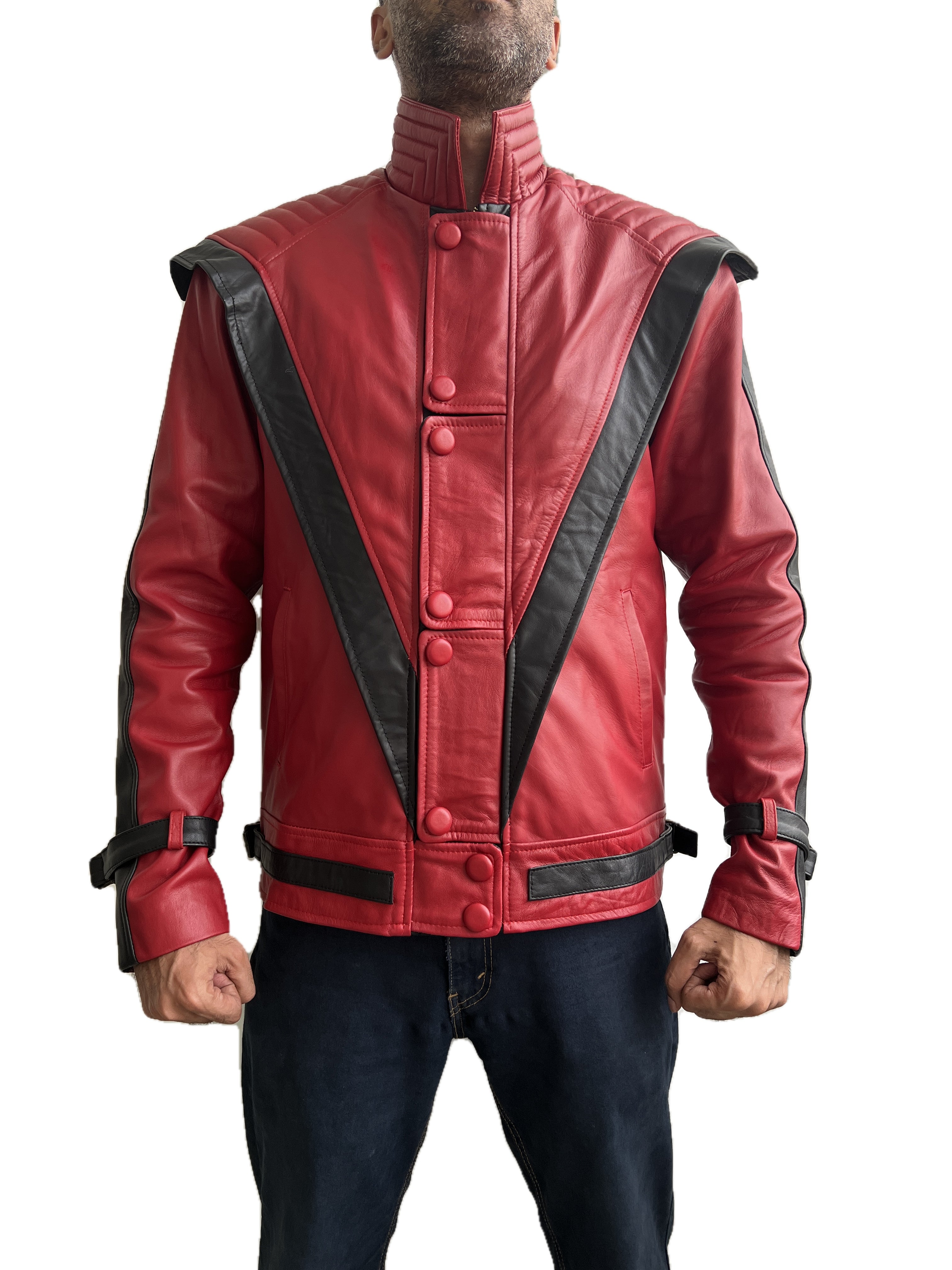 Michael Jackson MJ Thriller Classic Red Leather Jacket front view with iconic black V shaped panels and stand up collar inspired by the legendary Thriller music video.