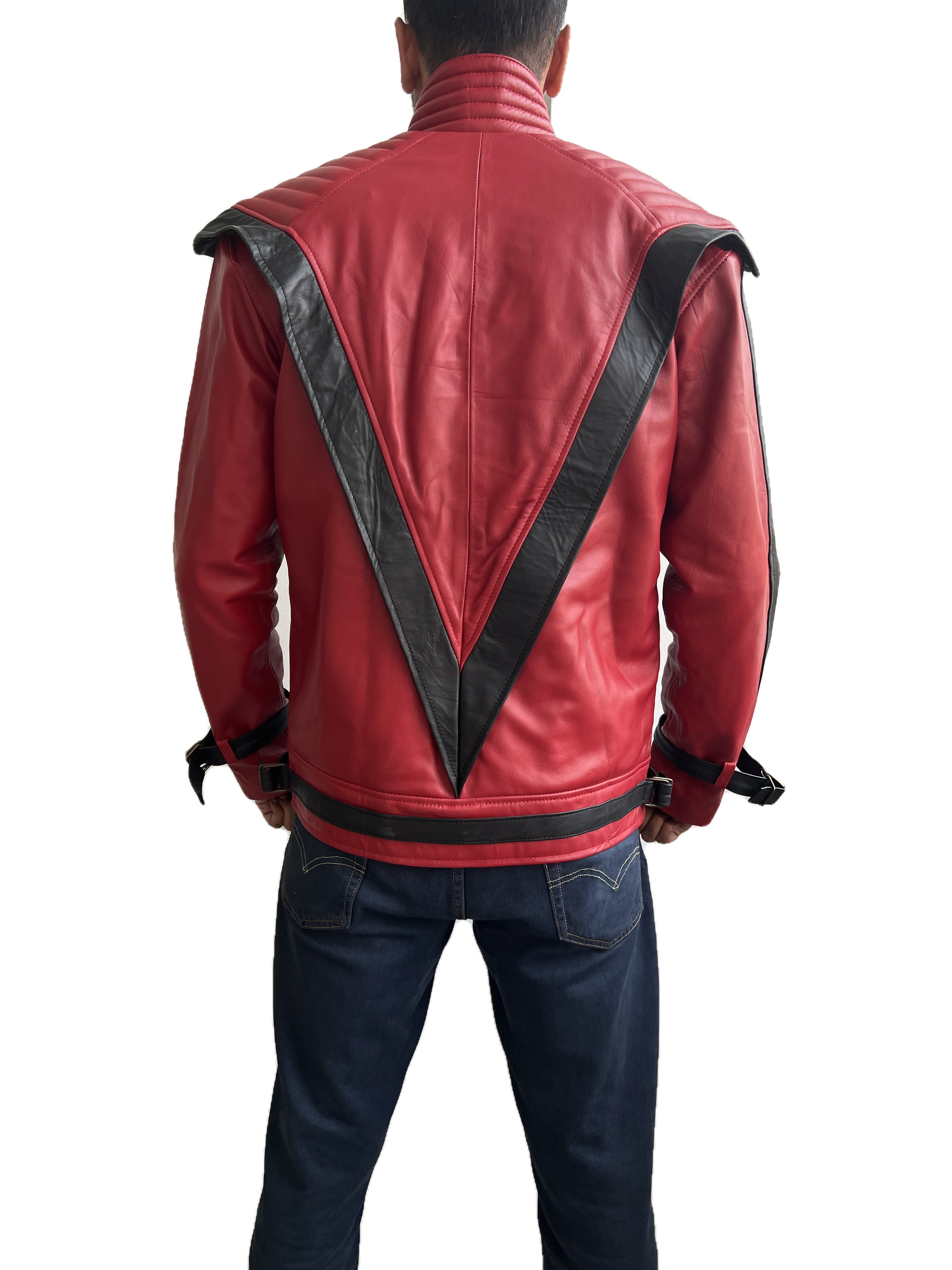 Back view of the Michael Jackson MJ Thriller Classic Red Leather Jacket featuring the signature black V design, premium genuine leather, and authentic retro concert inspired styling.