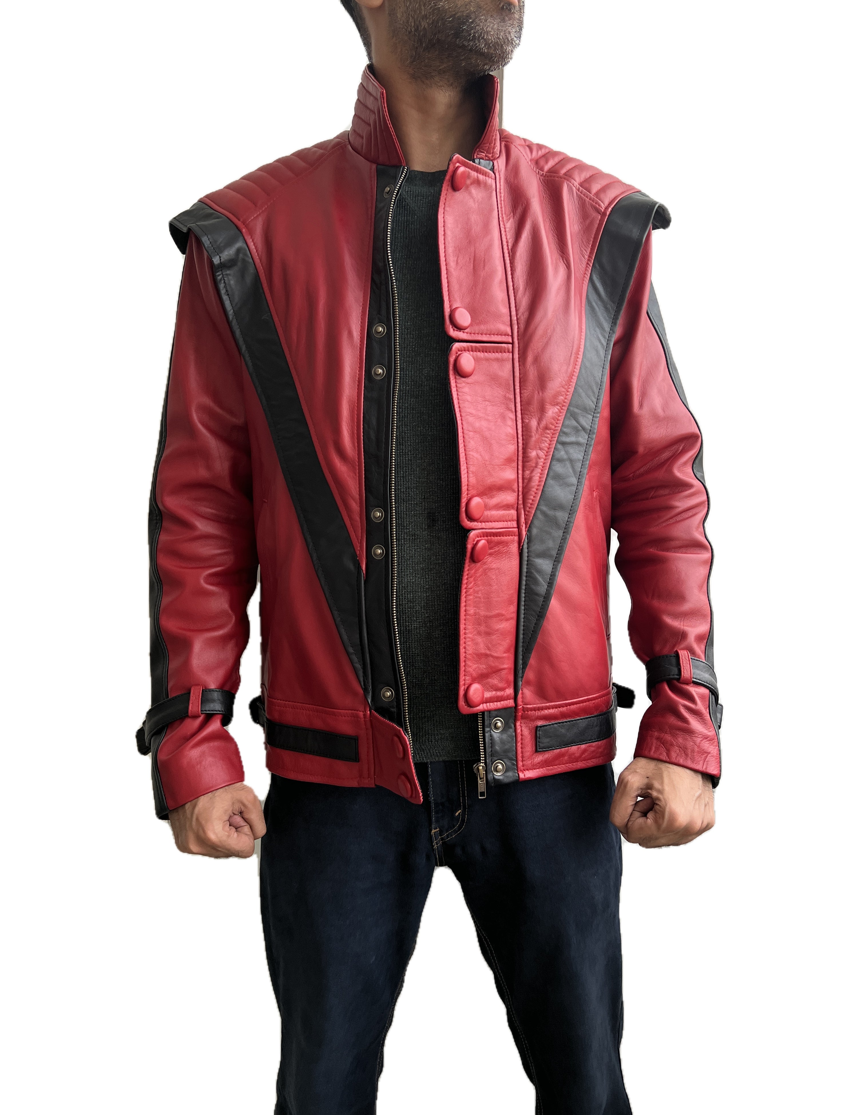 Open front view of the Michael Jackson MJ Thriller Classic Red Leather Jacket highlighting the inner zipper closure, premium leather construction, and legendary 1980s stage inspired design.