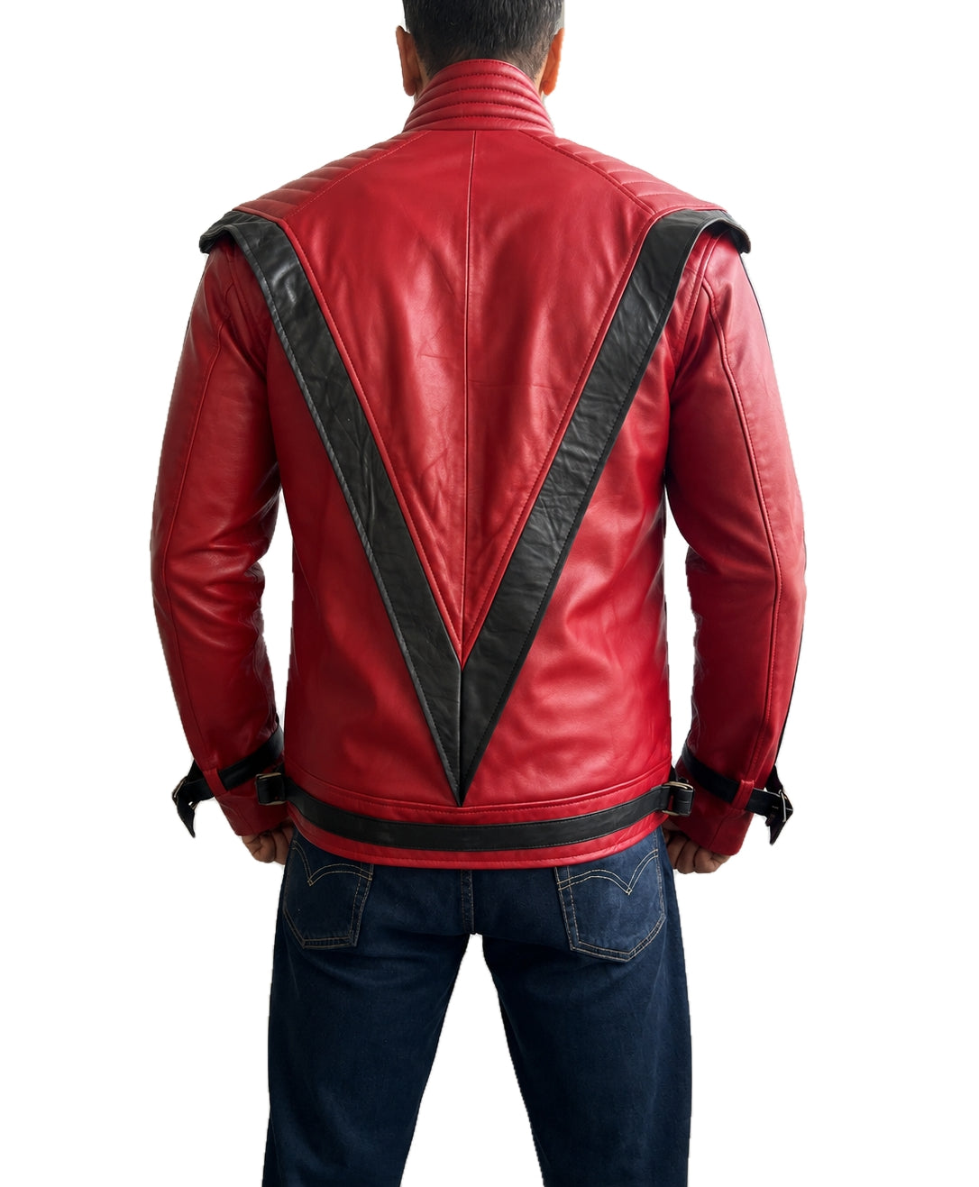 Back view of the Michael Jackson MJ Thriller Classic Red Leather Jacket featuring the signature black V design, premium genuine leather, and authentic retro concert inspired styling.