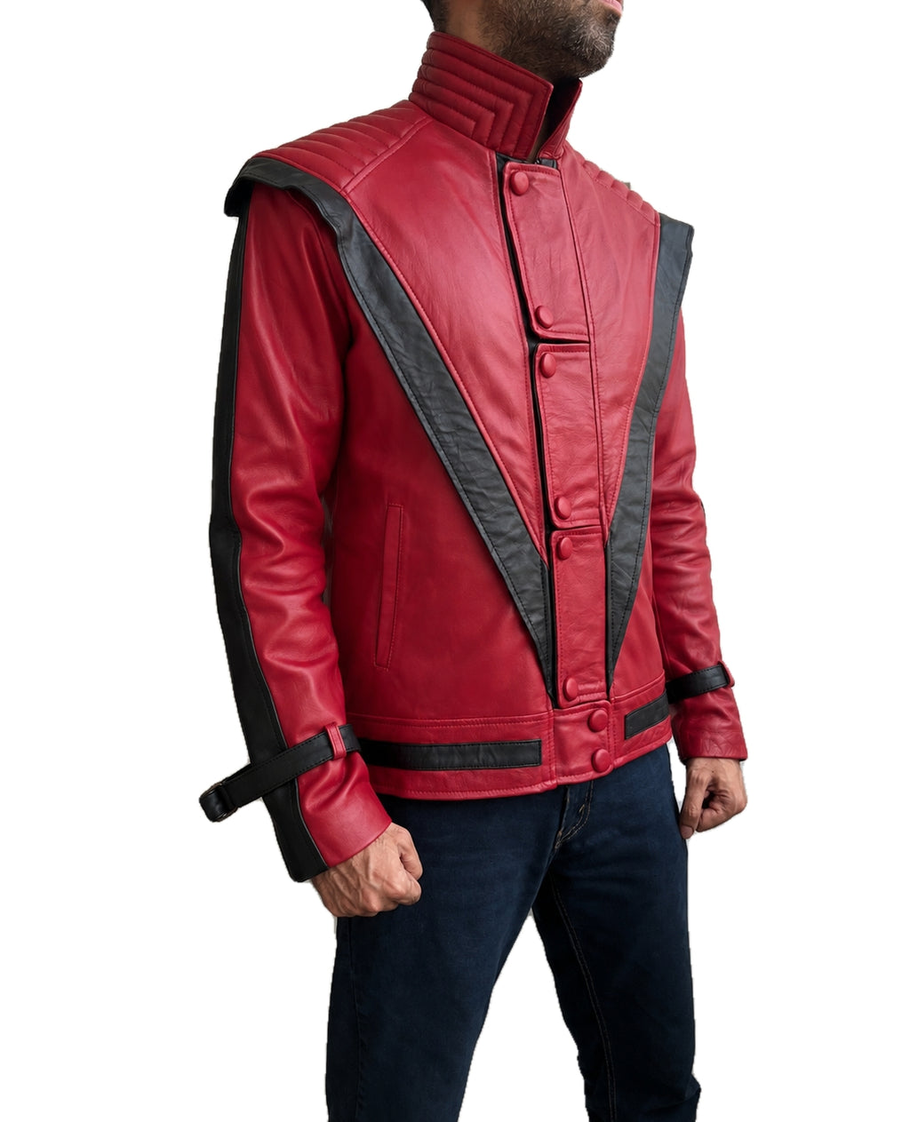 Side profile of the Michael Jackson MJ Thriller Classic Red Leather Jacket showcasing premium craftsmanship, quilted shoulders, black contrast detailing, and timeless pop icon fashion.