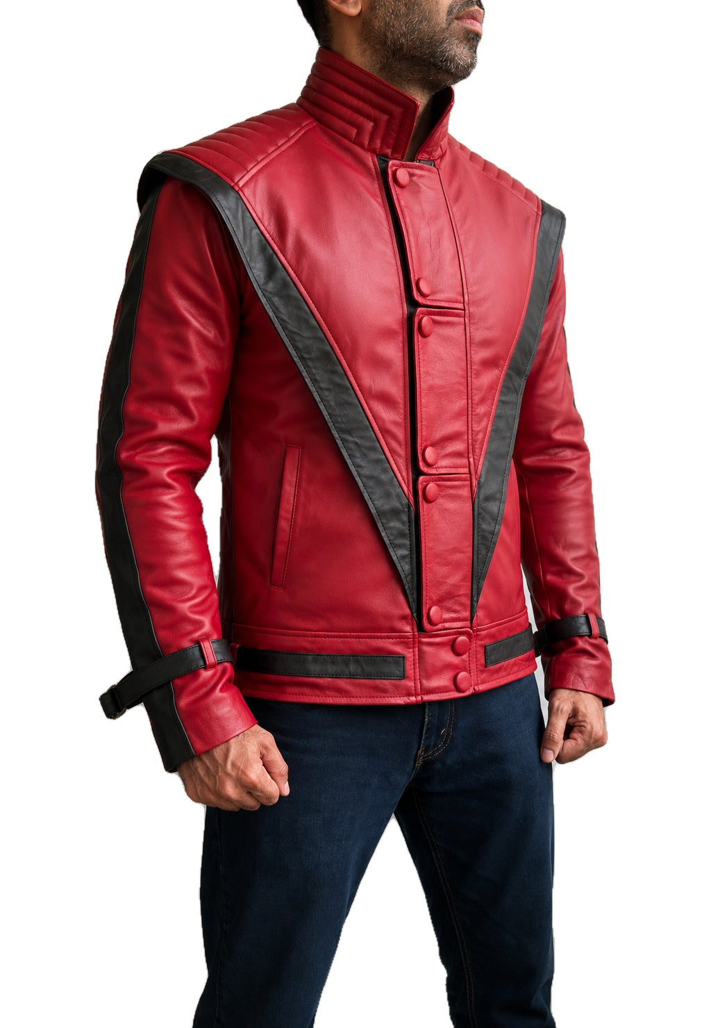 Side profile of the Michael Jackson MJ Thriller Classic Red Leather Jacket showcasing premium craftsmanship, quilted shoulders, black contrast detailing, and timeless pop icon fashion.