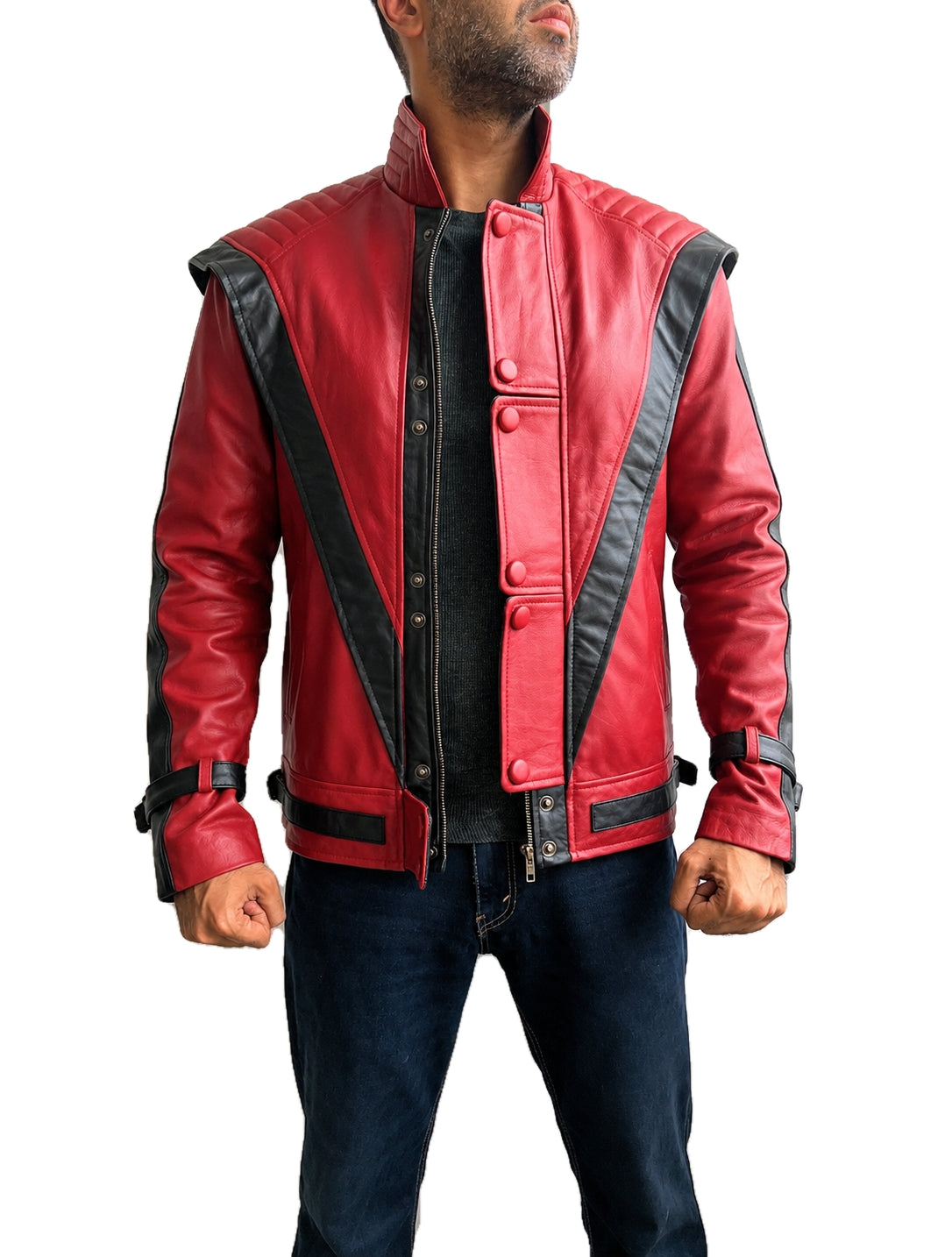 Open front view of the Michael Jackson MJ Thriller Classic Red Leather Jacket highlighting the inner zipper closure, premium leather construction, and legendary 1980s stage inspired design.