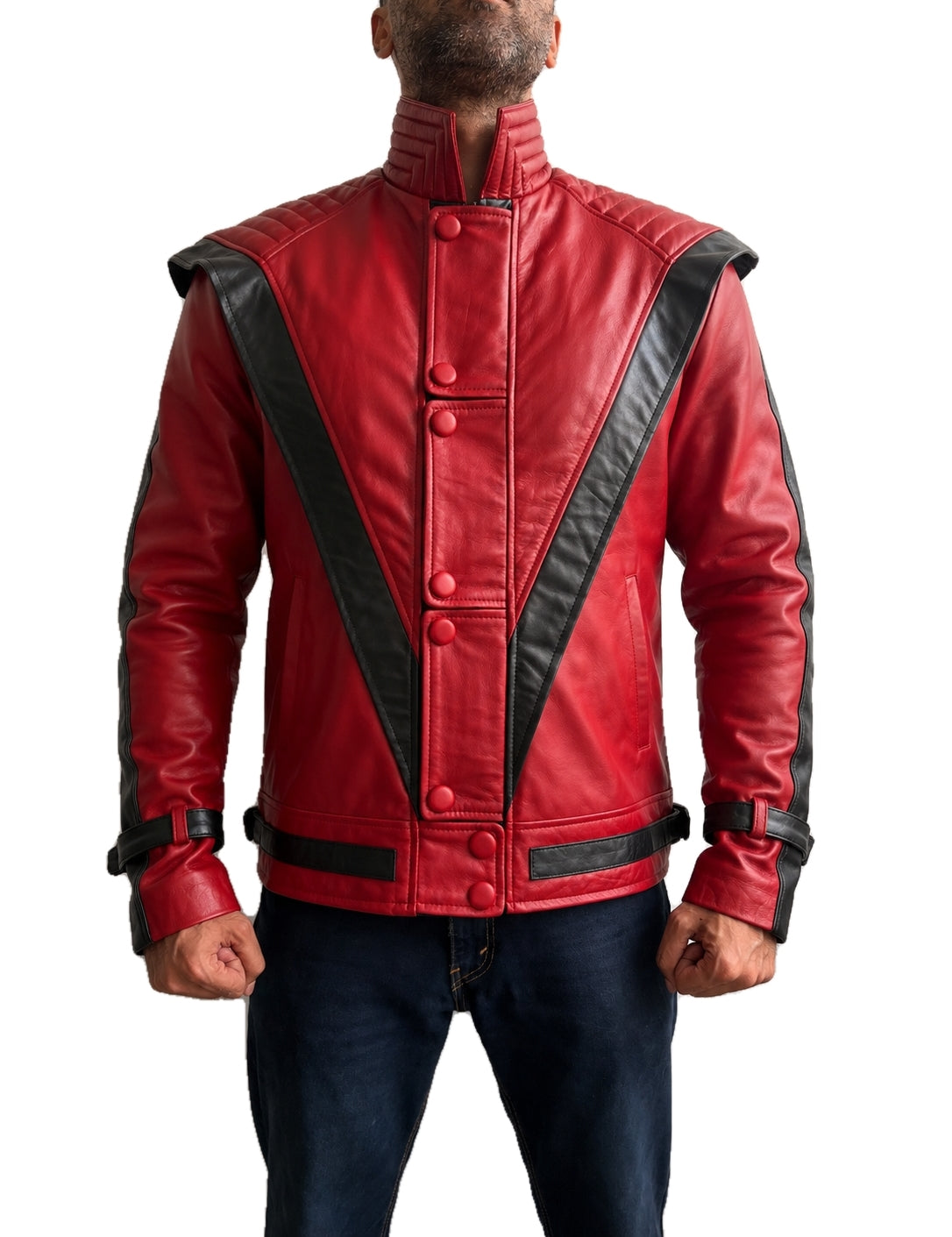 Michael Jackson MJ Thriller Classic Red Leather Jacket front view with iconic black V shaped panels and stand up collar inspired by the legendary Thriller music video.