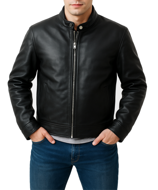 Men’s black leather biker jacket slim fit moto style front view – Midnight Rider