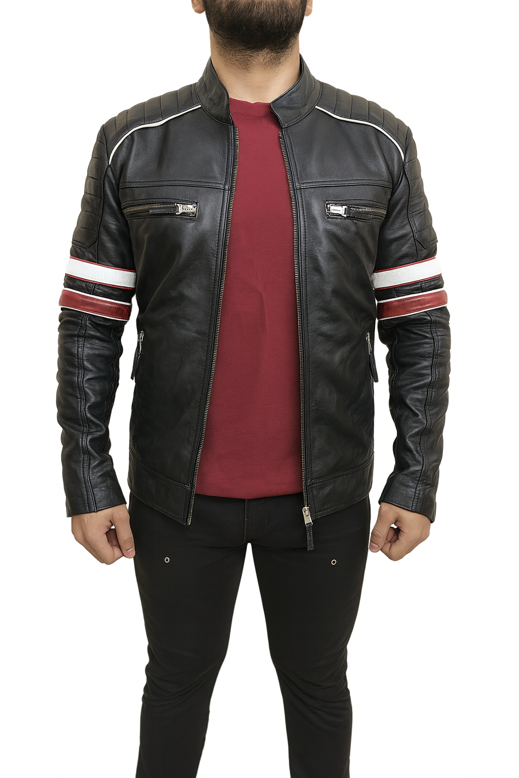 Men’s cafe racer leather jacket in black with moto-style padded shoulders and dual chest zippers – open-front style.