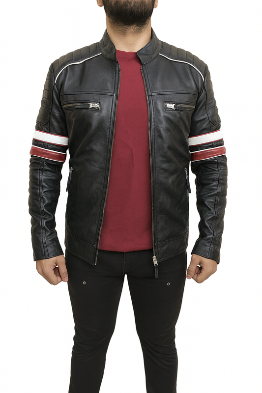 Men’s cafe racer leather jacket in black with moto-style padded shoulders and dual chest zippers – open-front style.