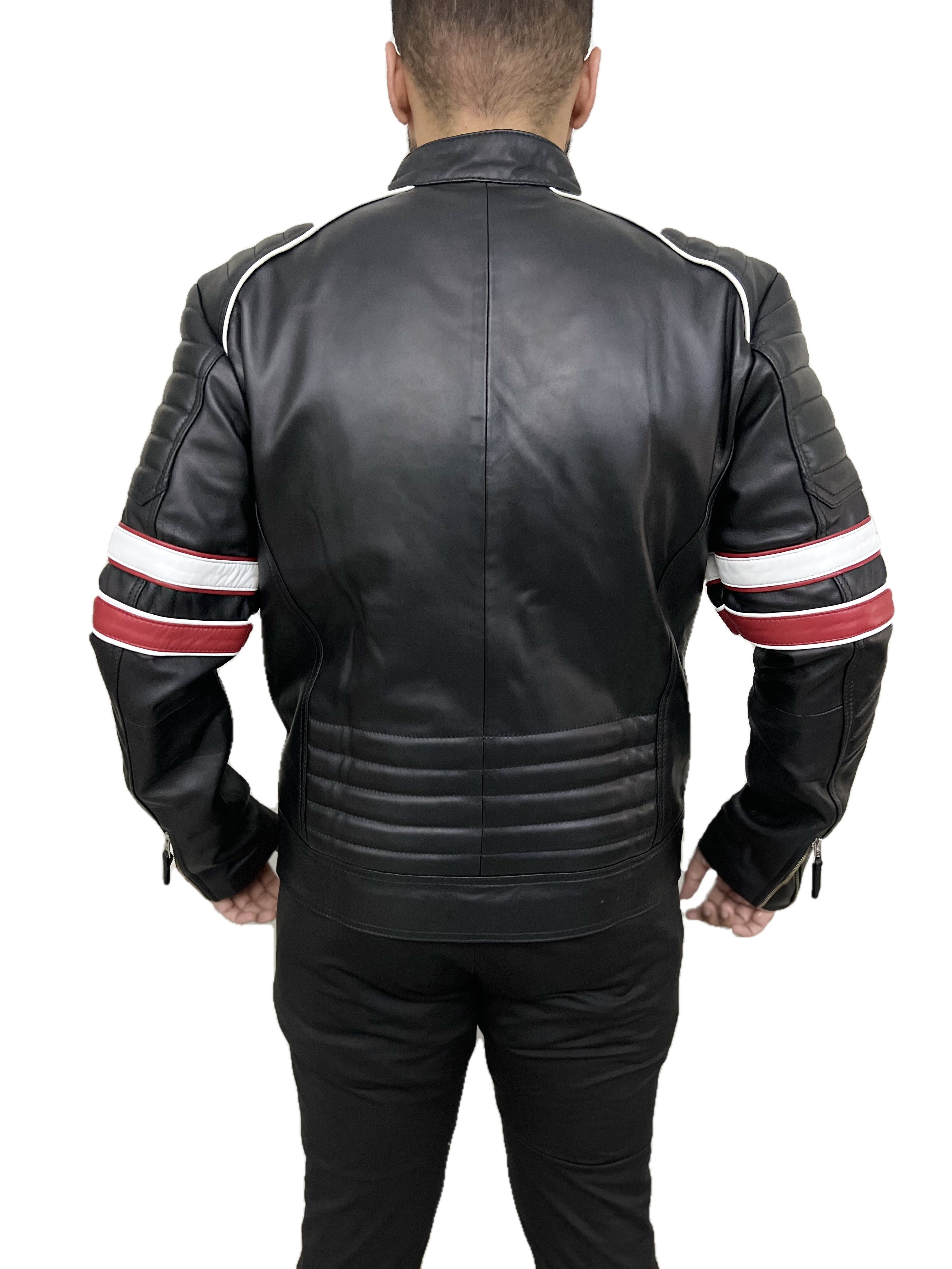 Classic biker real leather cafe racer jacket for men featuring zipped pockets and white–red arm detailing hands in pockets back pose.