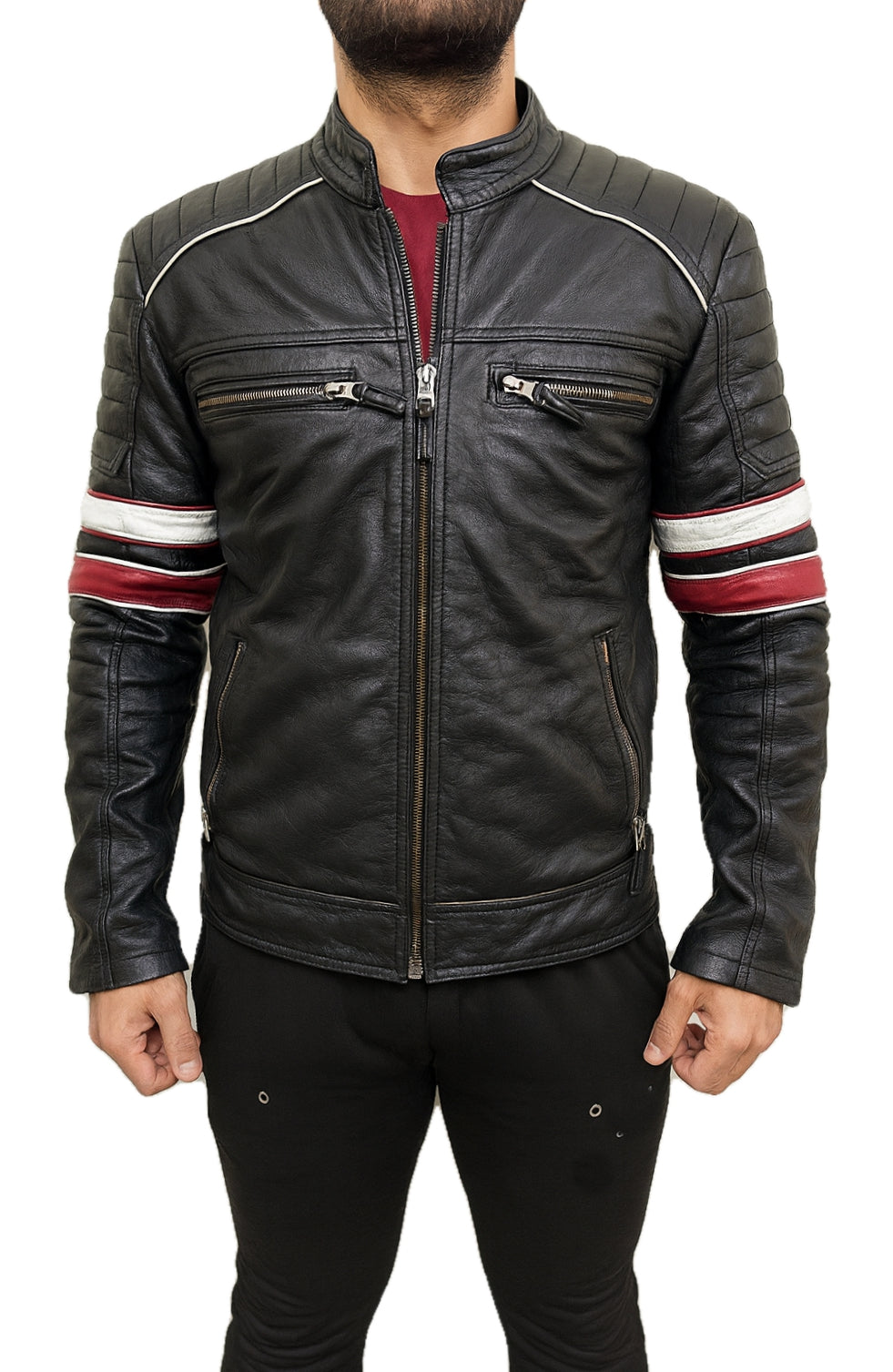 Men’s black cafe racer motorcycle jacket with red and white arm stripes made from real leather – front view.