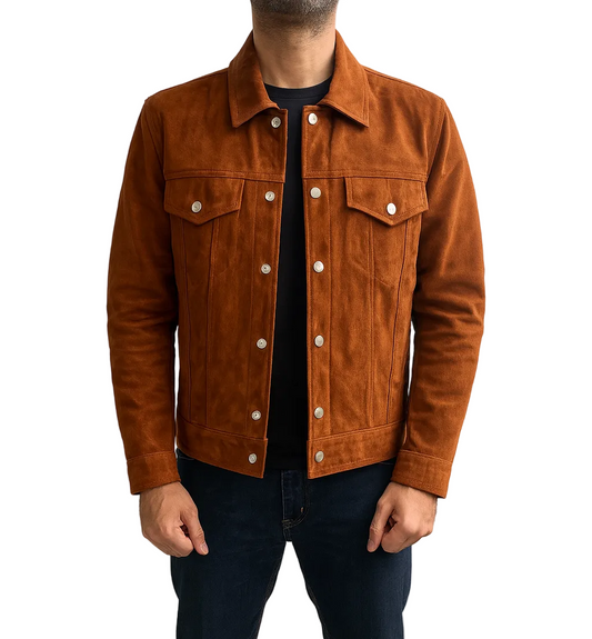 Men’s semi formal suede leather trucker jacket in brown color open front showing soft texture and slim fit design