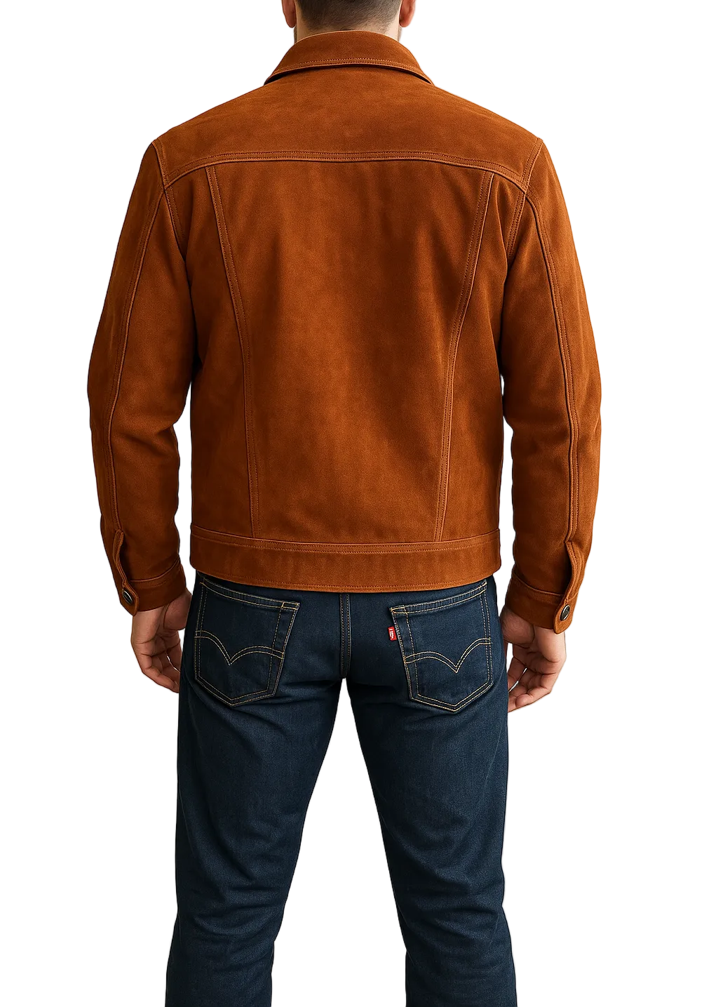 Men classic semi formal brown suede leather trucker jacket back view with tailored fit and premium stitching