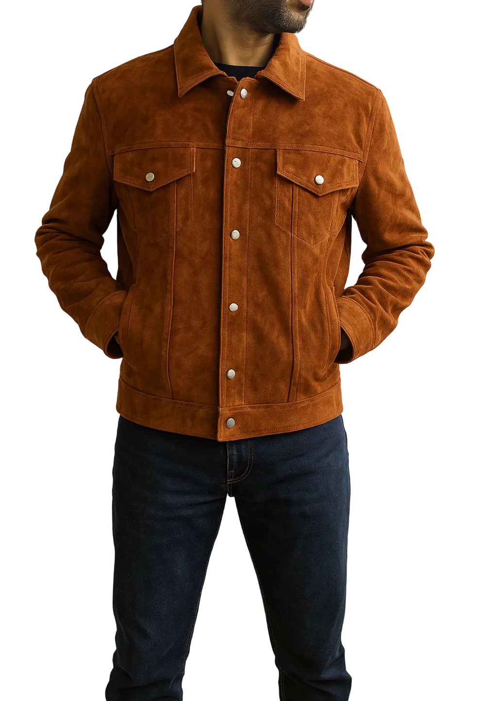 Brown real suede leather trucker jacket for men front view with snap buttons and modern semi formal style
