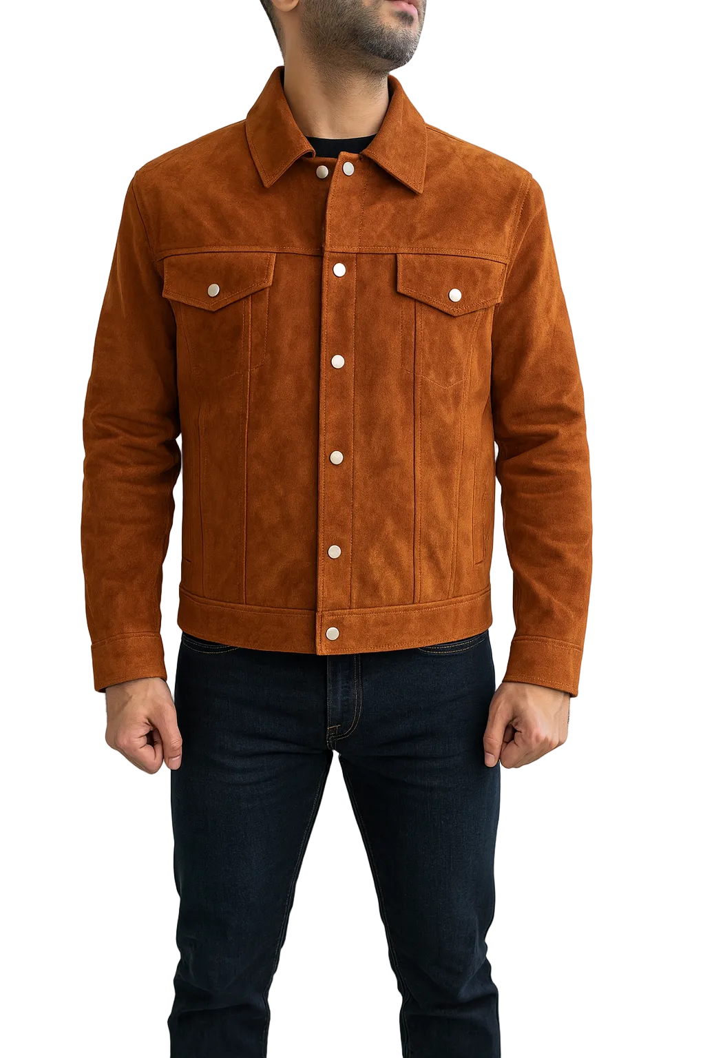 Classic brown suede leather jacket for men trucker style side angle view with structured collar and elegant finish