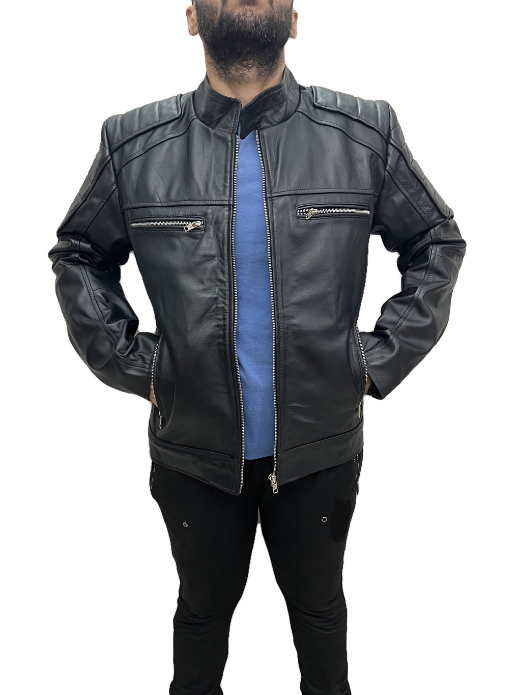 Men Darkride black real leather cafe racer biker jacket front view, hands in pockets