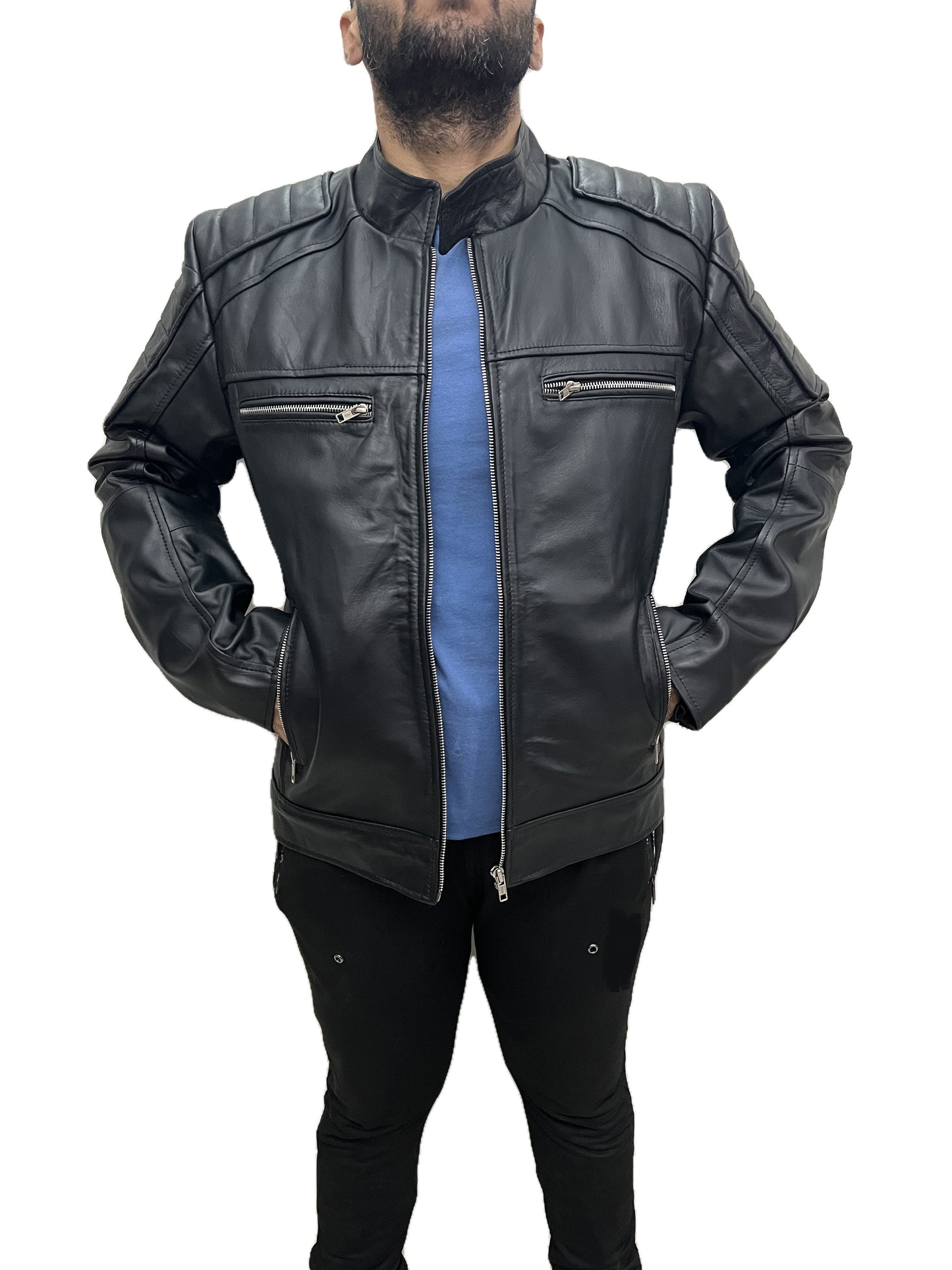 Men Darkride black real leather cafe racer biker jacket front view, hands in pockets