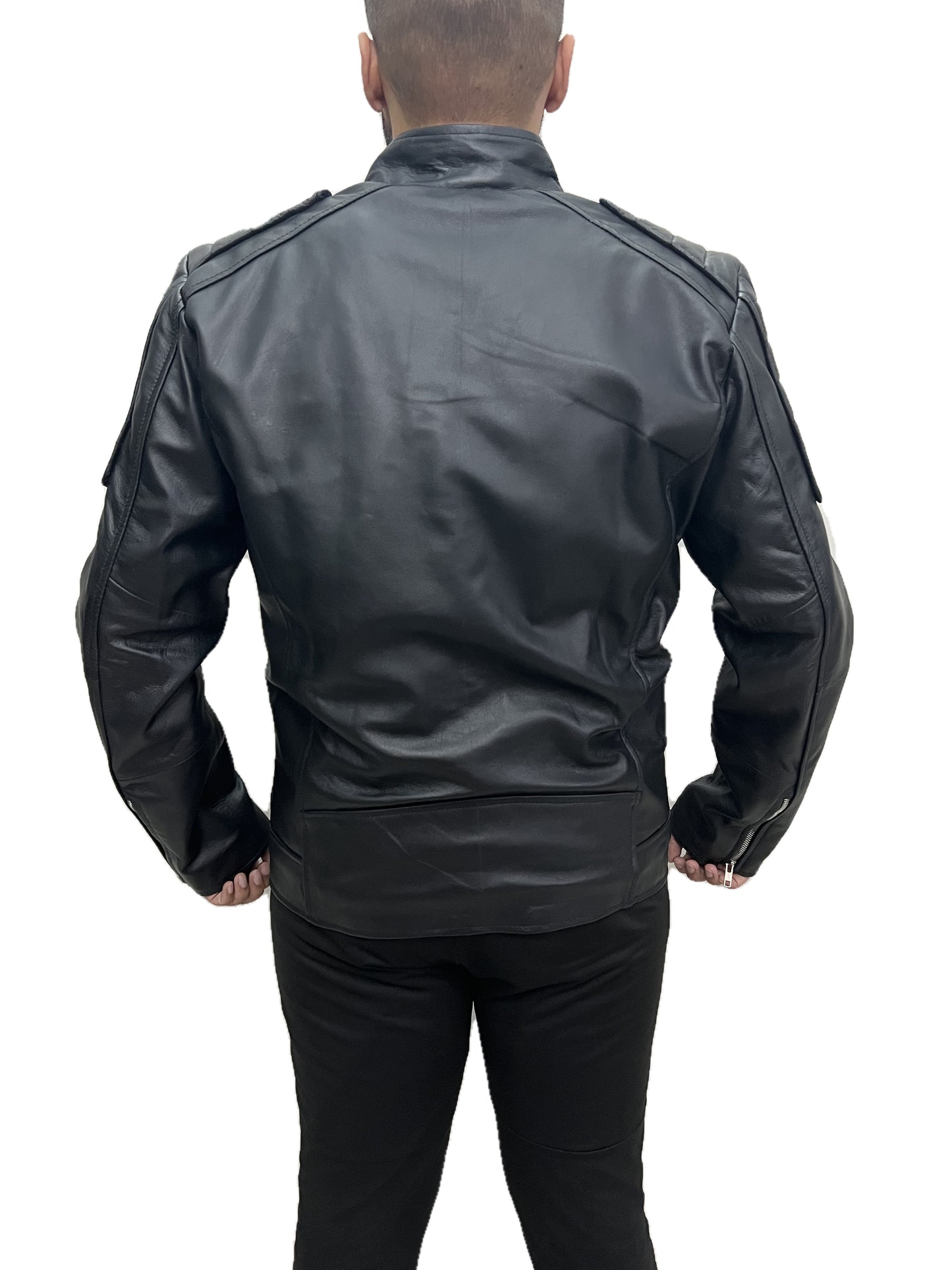 Men Darkride black cafe racer real leather biker jacket back view